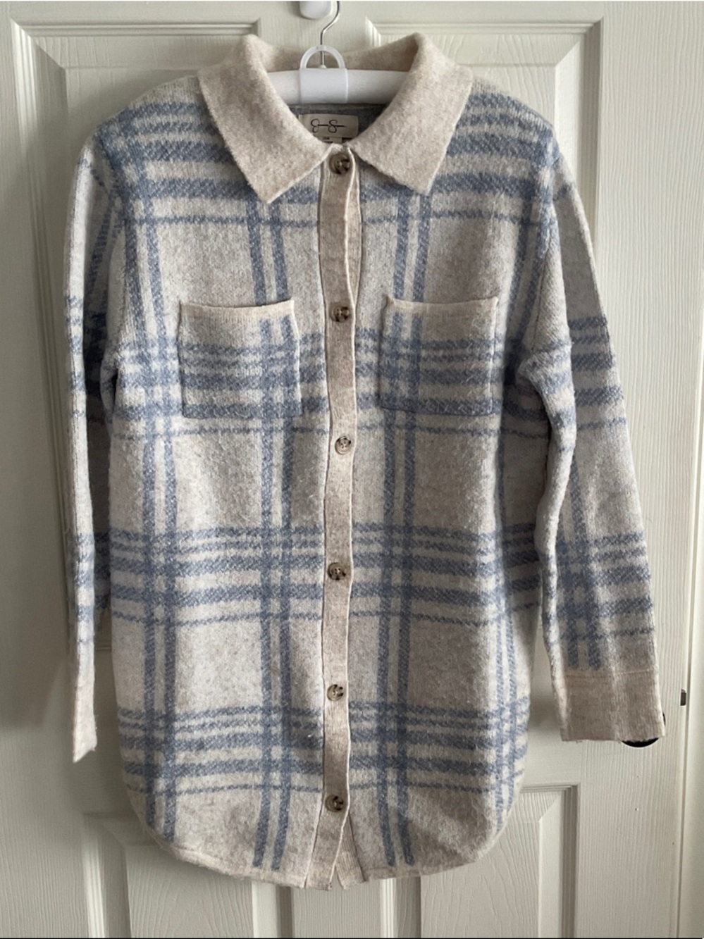 Jessica Simpson Cream and Light Blue Plaid Button-Front Cardigan